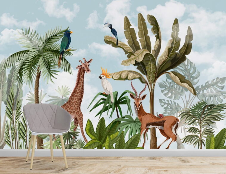 animals in tropical jungle and clouds in sky wallpaper