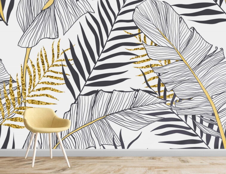 black white gold look exotic tropical leaves wallpaper