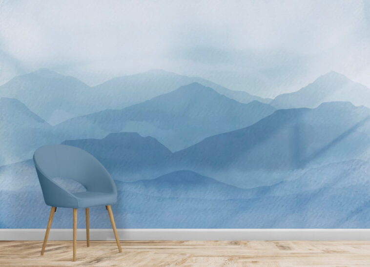 blue abstract misty mountains modern wallpaper