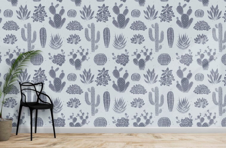 blue cactus pattern soft color sketch style wallpaper