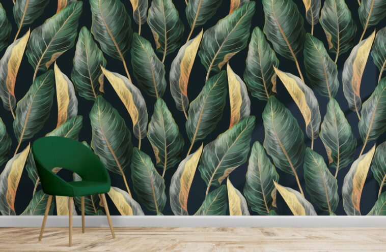 botanical dark green leaves background decorative wallpaper