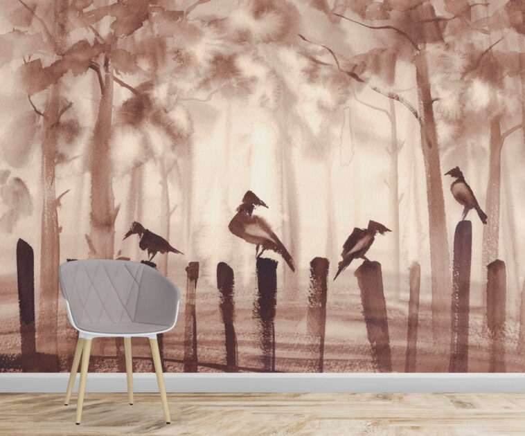 brown watercolor misty forest and birds wallpaper