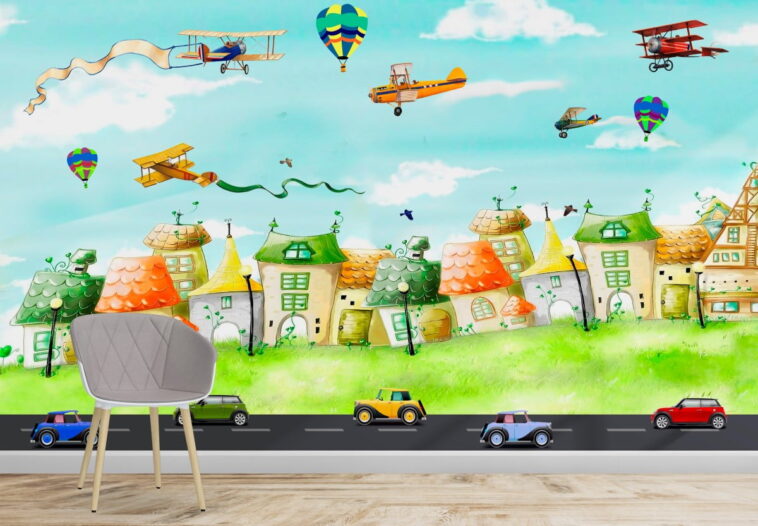 cityscape with cute houses cars and airplanes wallpaper