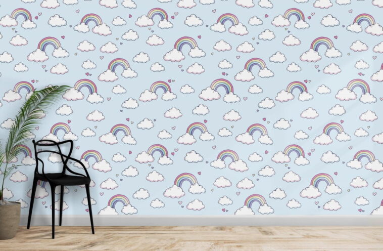 clouds rainbow and hearts on light blue background wallpaper