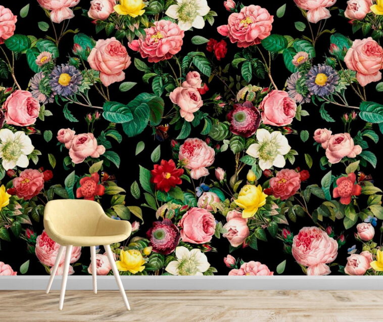colorful roses dark background floral modern wallpaper