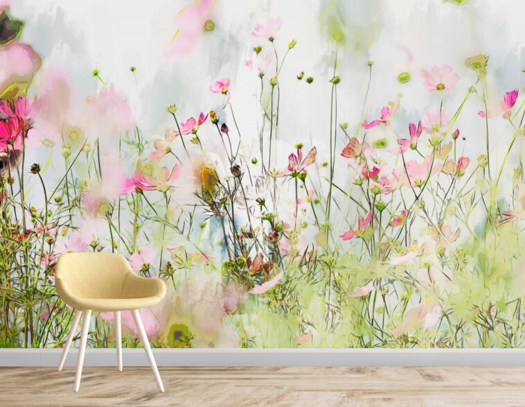 cosmos flowers on cool tone floral wallpaper