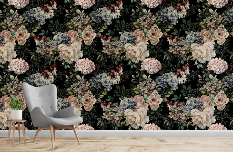 floral pattern with flowers on dark background wallpaper