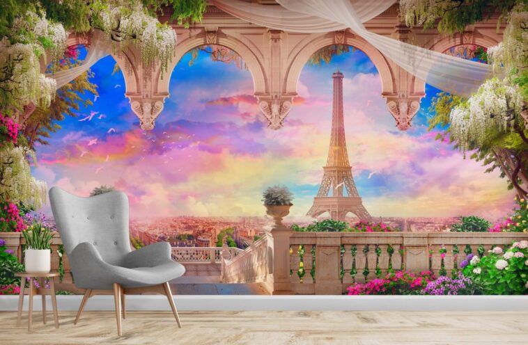 flower covered balcony to the eiffel tower sunset wallpaper