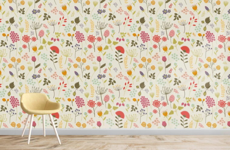 flowers and berries in bright colors floral modern wallpaper