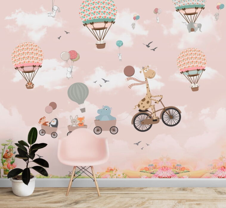 flying rabbits air balloons cycling giraffe wallpaper