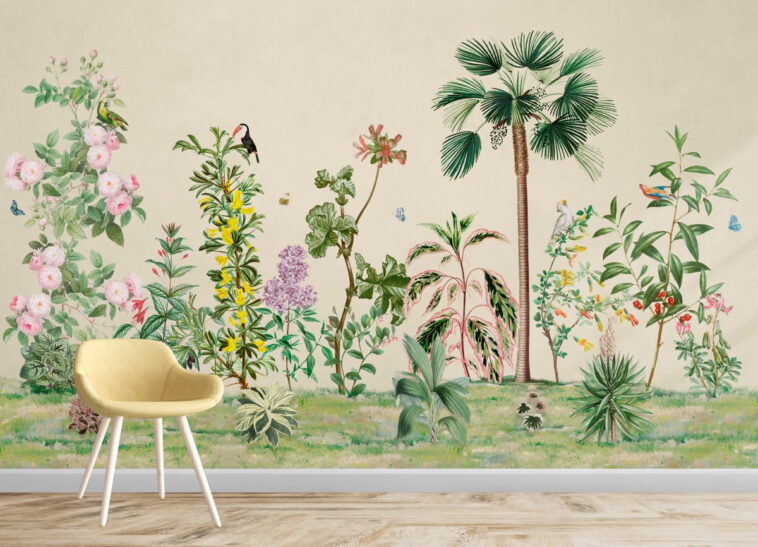garden plants and flowers on cream background wallpaper