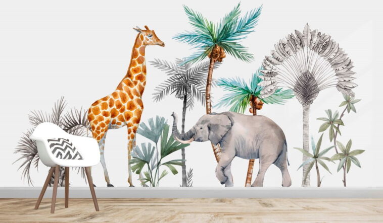 giraffe elephant gray and green coconut tree wallpaper