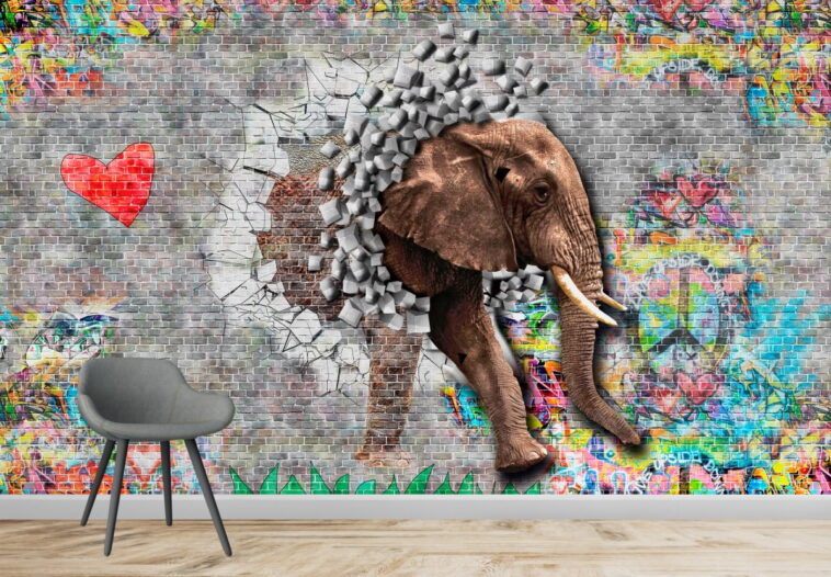 graffiti wall an elephant comes out of a brick wall wallpaper