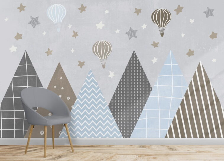 gray brown blue mountains stars air balloons wallpaper