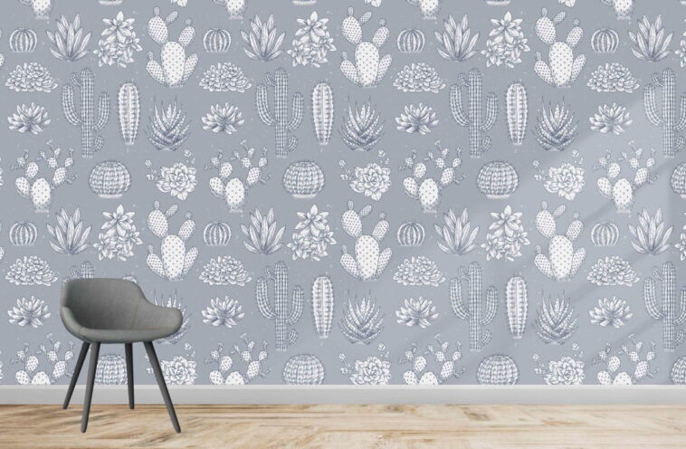 gray white cactus pattern soft color sketch style wallpaper