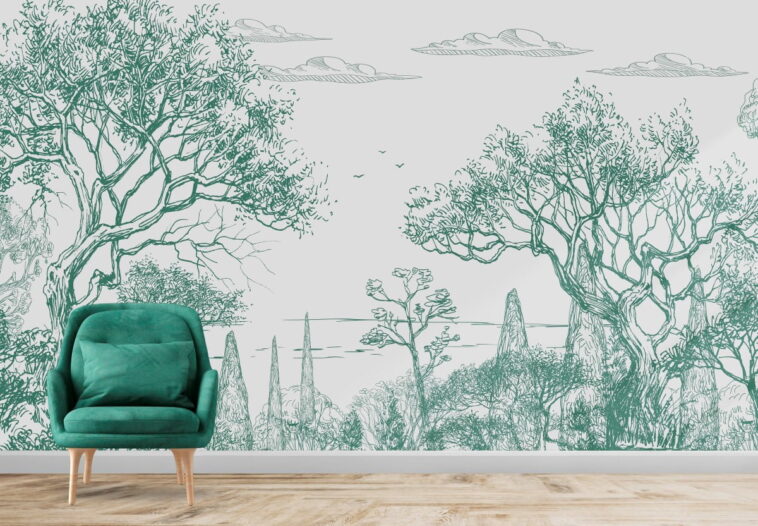 greenish forest and sky art hand drawing wallpaper