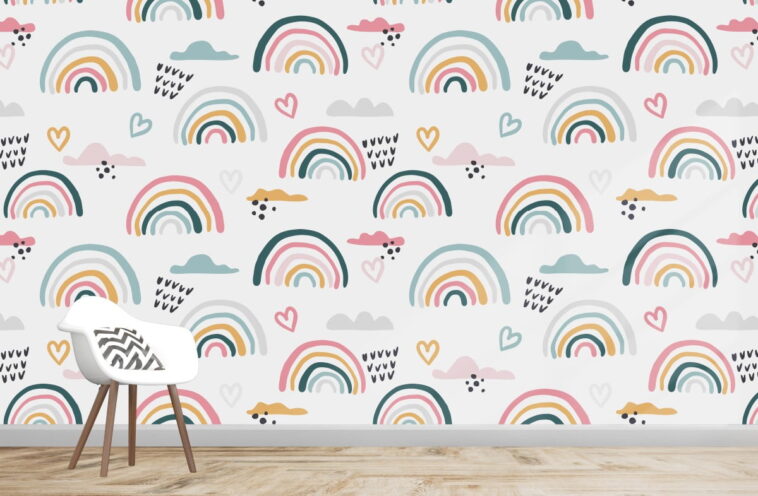 hand drawn rainbows hearts rain clouds wallpaper