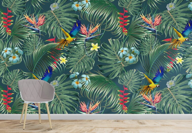 havana leaves colorful birds on dark background wallpaper