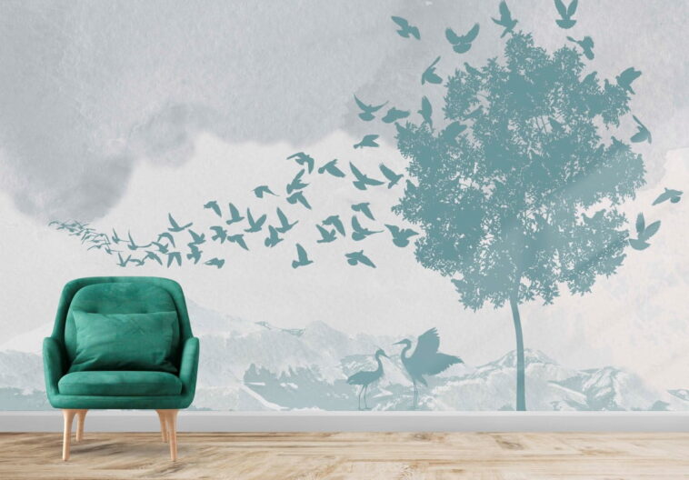 herd of green birds snowy mountains clouds wallpaper