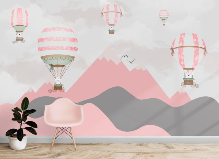 hot air balloons rabbit dog pink gray mountains wallpaper