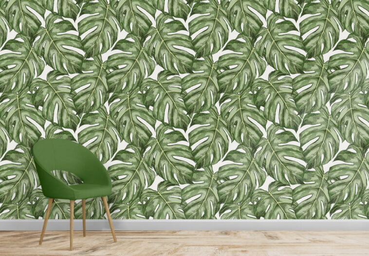 monstera leaves hand drawn color pattern wallpaper