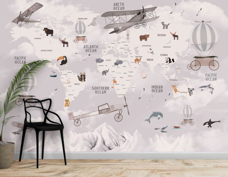 old style airplanes animals mountains world map wallpaper