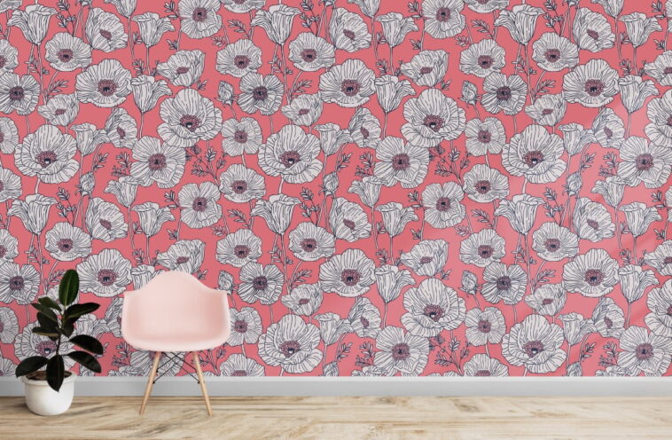 poppies pattern flowers pink background floral wallpaper