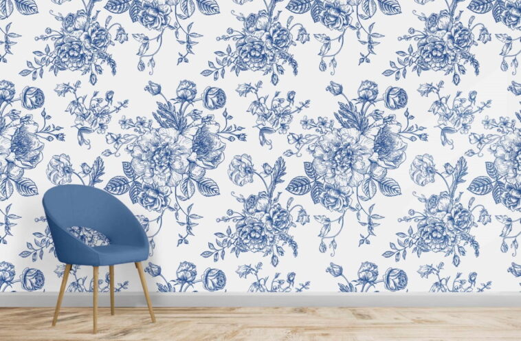 sketch flowers blue and white pine cypress floral wallpaper