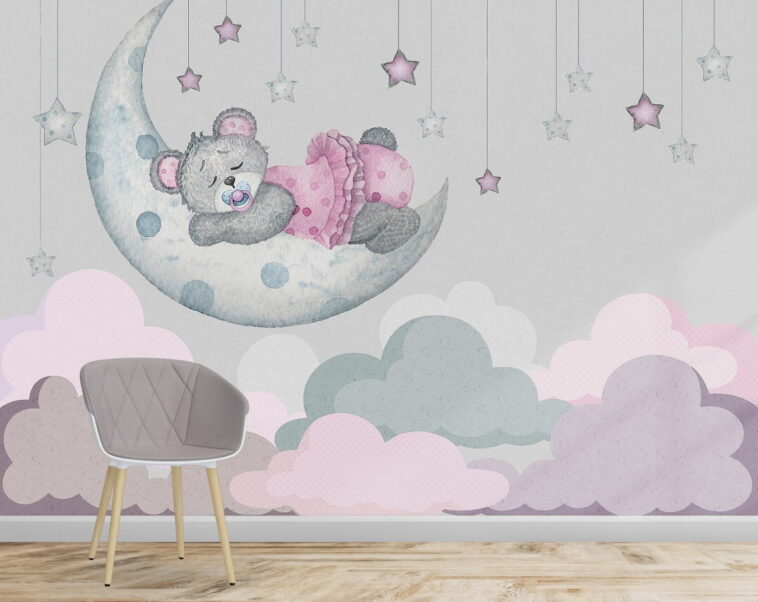 sleeping bears and pink clouds on the moon wallpaper
