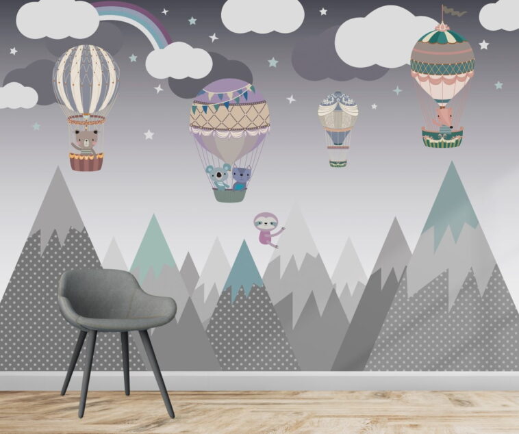 snowy mountain animals in air balloons wallpaper