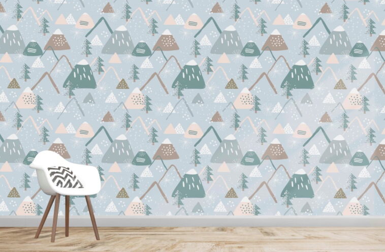 snowy mountains and trees pattern wallpaper