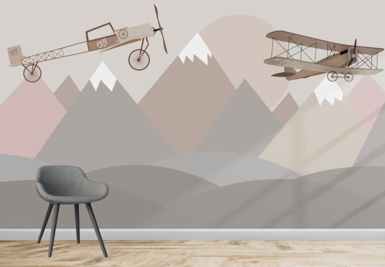 snowy mountains hills sunrise and biplanes wallpaper