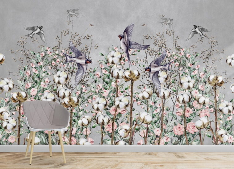 swallow birds cotton flowers on the gray background wallpaper