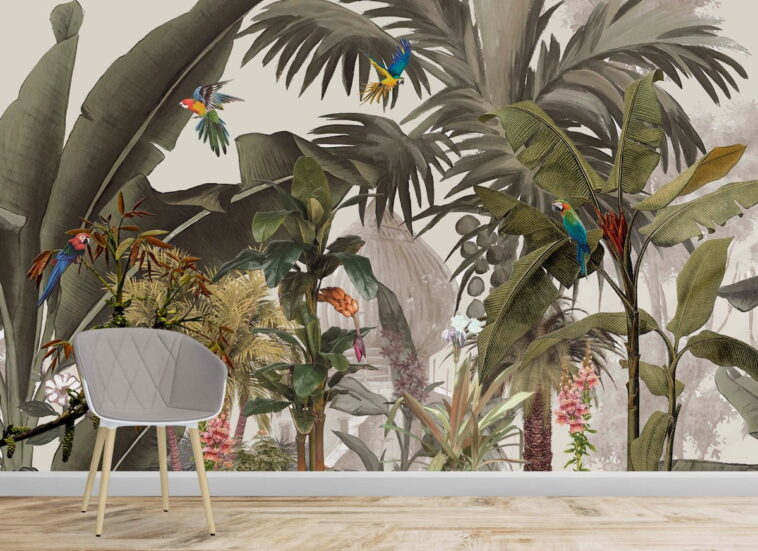 tropical jungle plants and parrots rainforest wallpaper