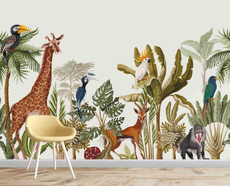 tropical trees banana palm leaves african animals wallpaper Custom