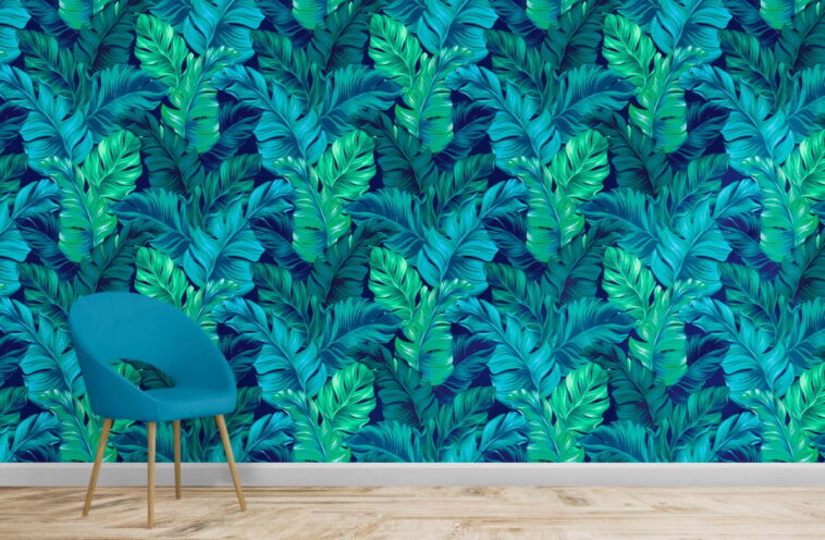 turquoise and green realistic palm tree leaves wallpaper
