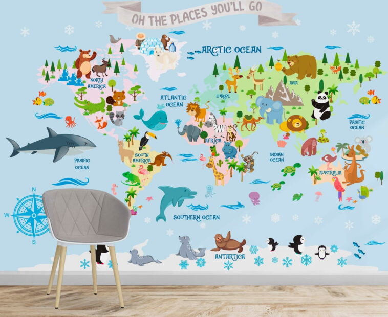 vibrant color cute animals world map wallpaper