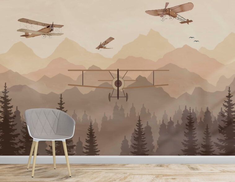vintage airplanes foggy forest brown mountains wallpaper