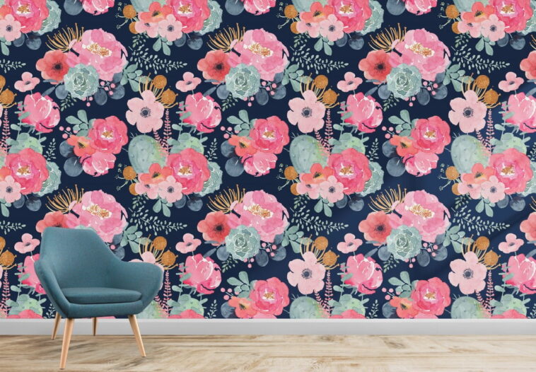 watercolor colorful flowers on navy blue background wallpaper