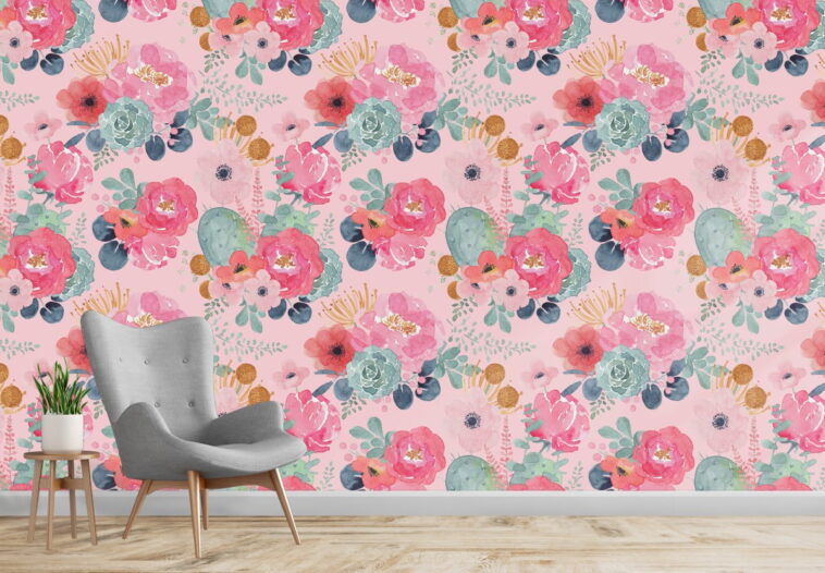 watercolor colorful flowers on pink background wallpaper
