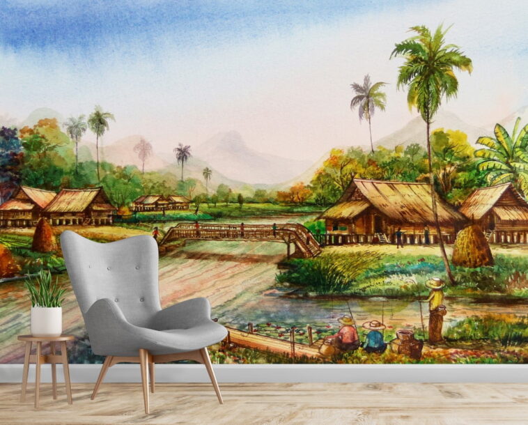 watercolor countryside landscape hand drawing thailand wallpaper