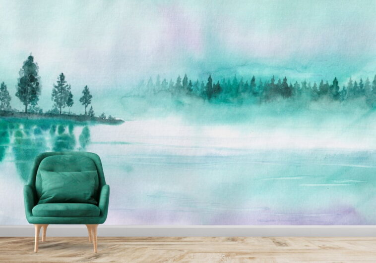 watercolor landscape with Island on the lake wallpaper