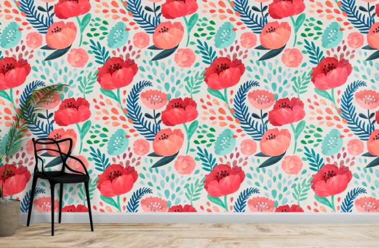 watercolor poppy flowers modern floral wallpaper