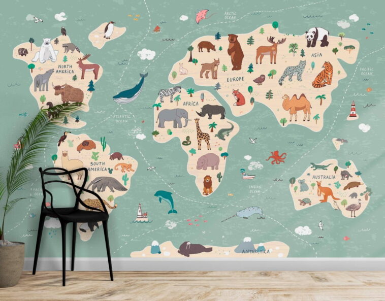 wild animals on continents world map wallpaper