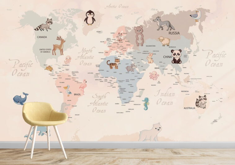 world map and cute baby wild animals wallpaper
