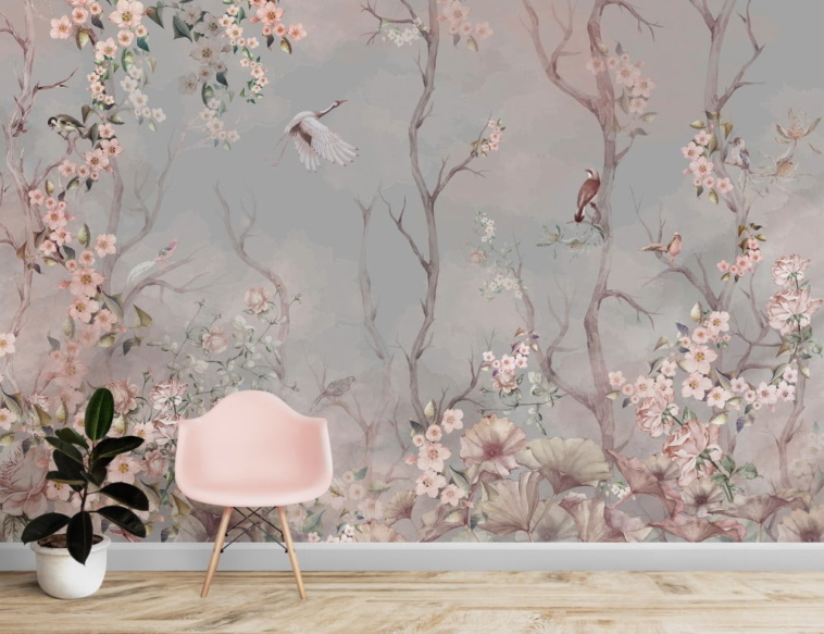 Gray Background Floral Wall Murals Wallpaper