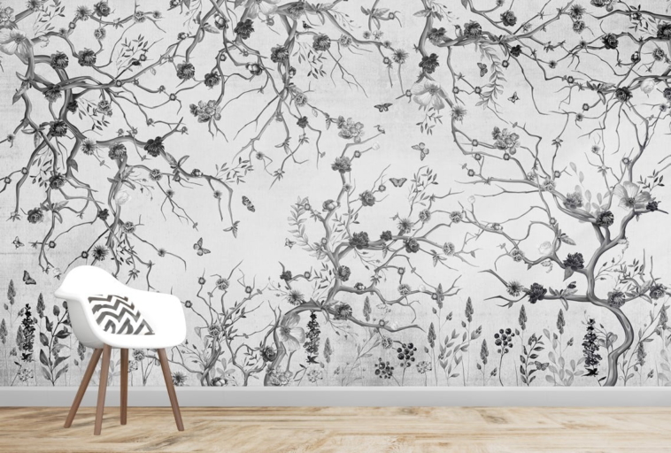 Black White Spring Flowers Wall Murals Wallpaper