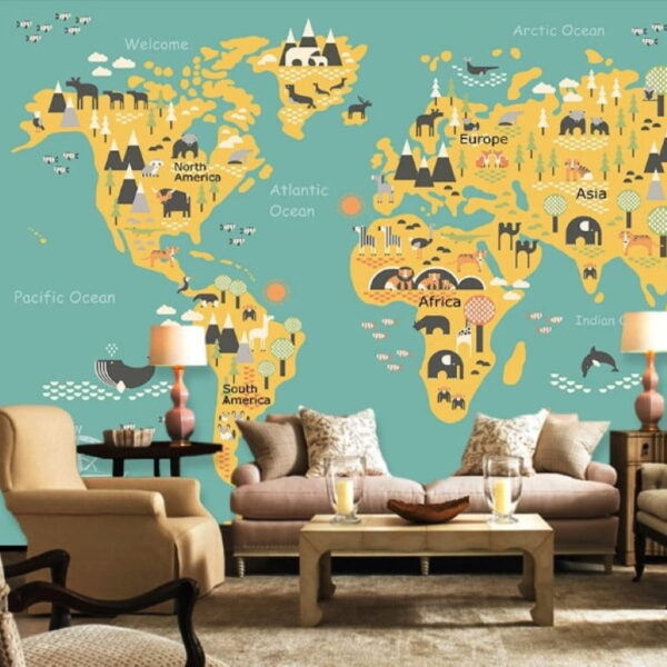 World Map on Green Background Wall Murals Wallpaper