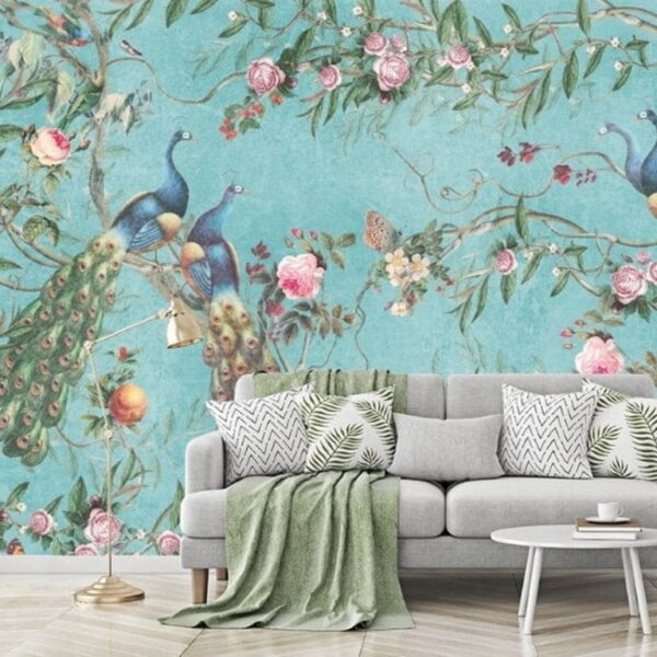 Flowers and Peacock Wall Murals Wallpaper