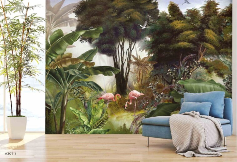 Pink Flamingos in Forest Wall Murals Wallpaper